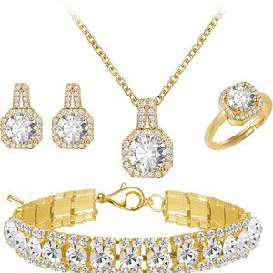 4pcs Women's Gold Plated Cubic Zirconia Wedding Jewelry Set Necklace Earrings Br